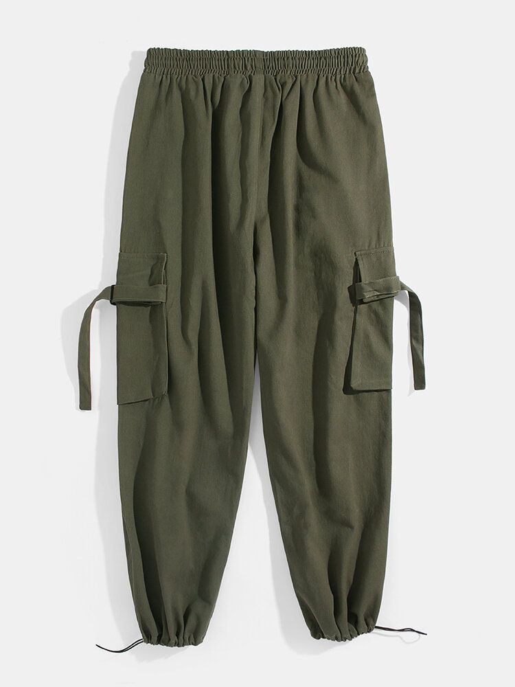 Pantalones Cargo De Cintura Media De Color Sólido Con Cintura Elástica Con Cordón De Bolsillo Para Hombre