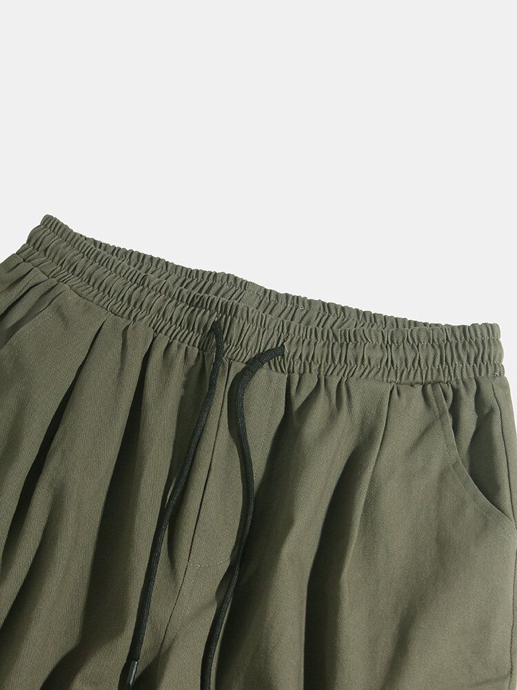 Pantalones Cargo De Cintura Media De Color Sólido Con Cintura Elástica Con Cordón De Bolsillo Para Hombre