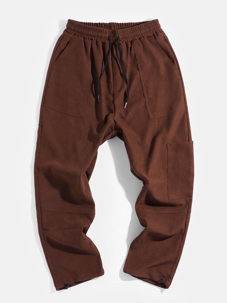 Pantalones Cargo De Cintura Media Con Cordón Y Multibolsillos De Color Sólido Para Hombre