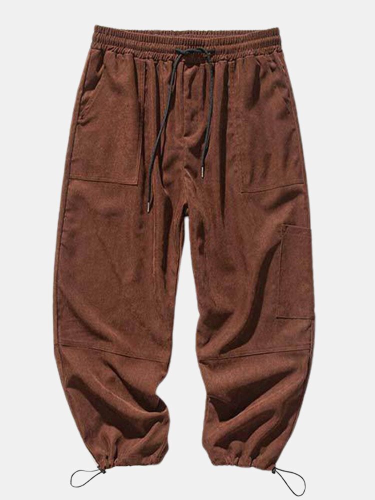 Pantalones Cargo De Cintura Media Con Cordón Y Multibolsillos De Color Sólido Para Hombre