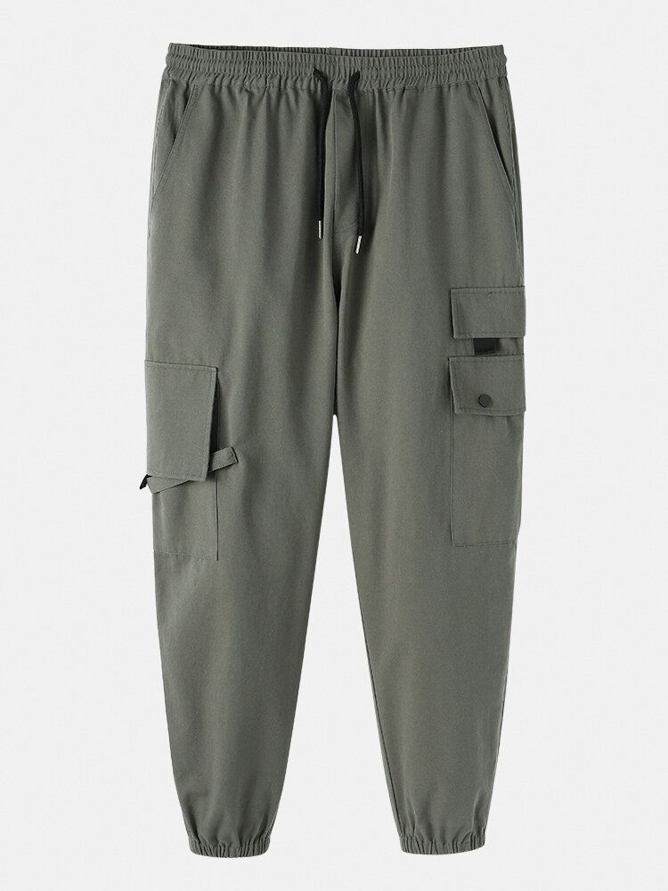 Pantalones Cargo De Color Liso 100% Algodón De Cintura Media Con Múltiples Bolsillos Para Hombre