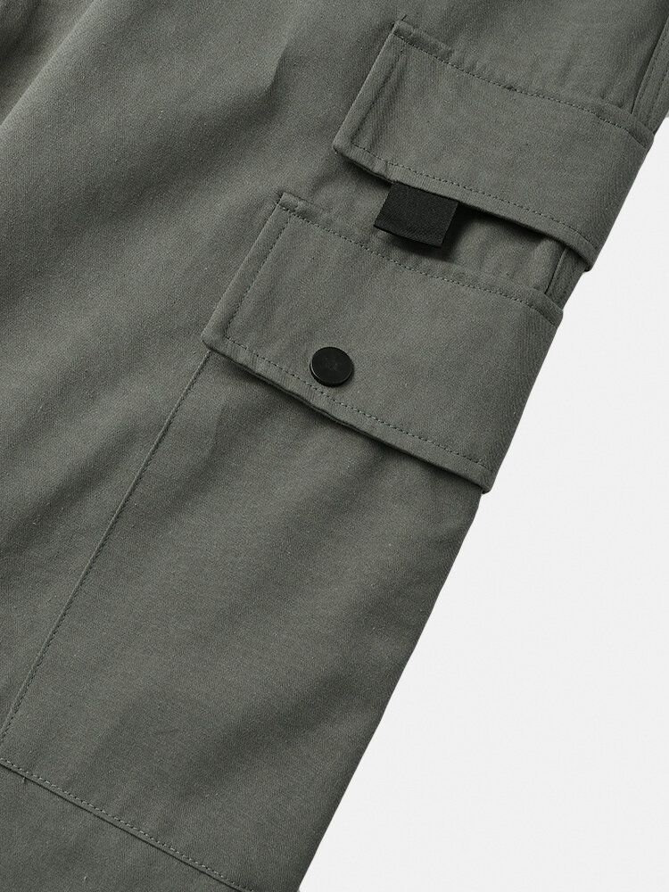 Pantalones Cargo De Color Liso 100% Algodón De Cintura Media Con Múltiples Bolsillos Para Hombre