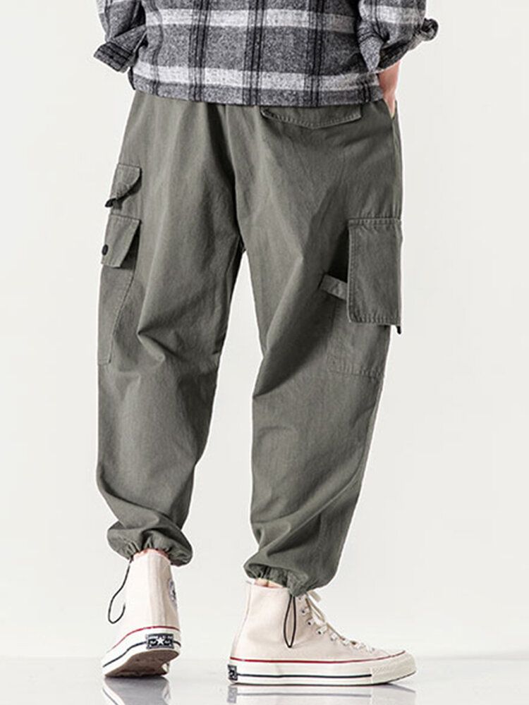 Pantalones Cargo De Color Liso 100% Algodón De Cintura Media Con Múltiples Bolsillos Para Hombre