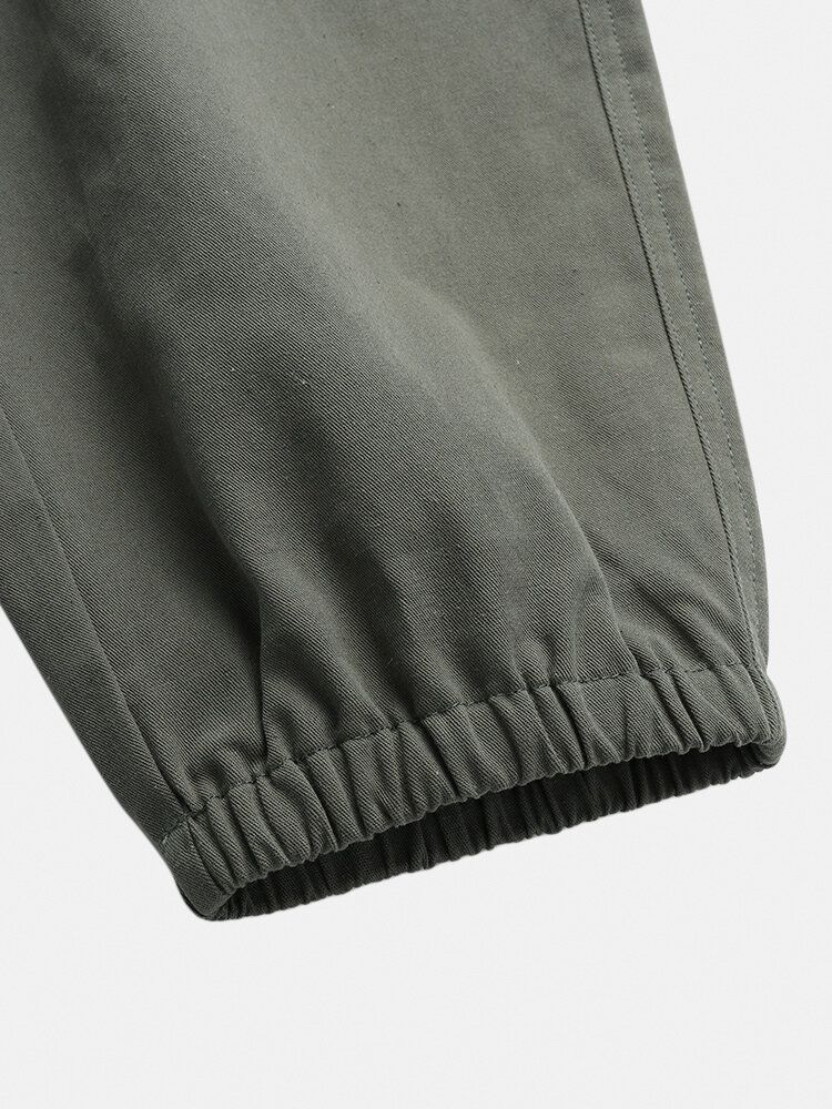 Pantalones Cargo De Color Liso 100% Algodón De Cintura Media Con Múltiples Bolsillos Para Hombre