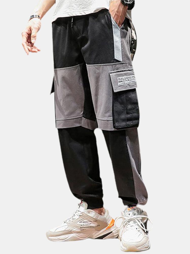 Pantalones Cargo Con Cordón De Algodón Y Apliques De Patchwork Para Hombre Con Bolsillo Para Uso General