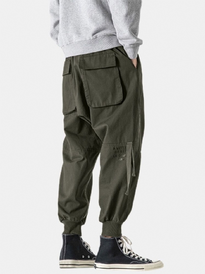 Pantalones Cargo Con Cordón De Algodón Y Lazo Lateral Con Estampado De Letras Para Hombre Con Bolsillo