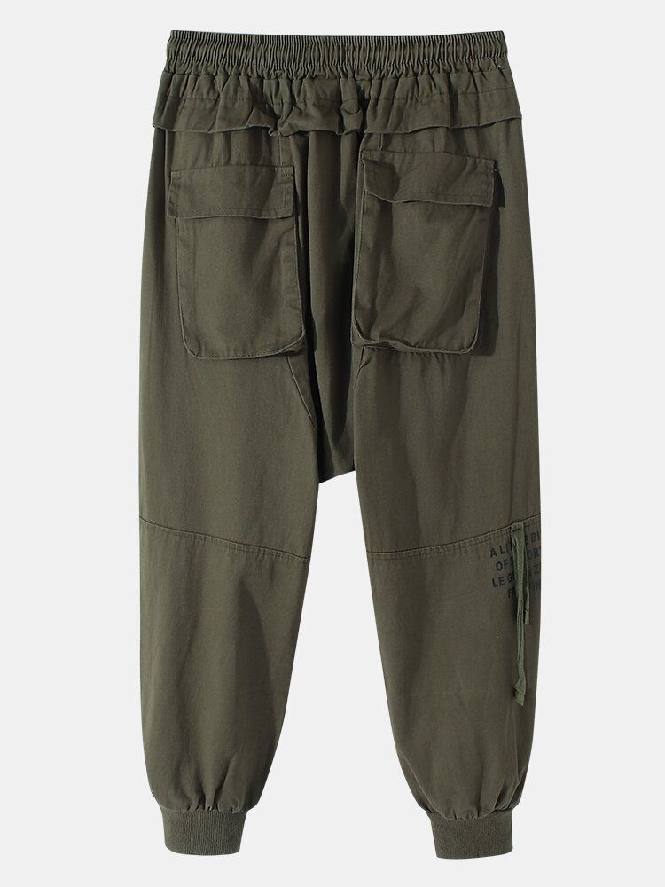 Pantalones Cargo Con Cordón De Algodón Y Lazo Lateral Con Estampado De Letras Para Hombre Con Bolsillo