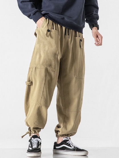 Pantalones Cargo Con Cordón De Múltiples Bolsillos De Color Sólido 100% Algodón Para Hombre