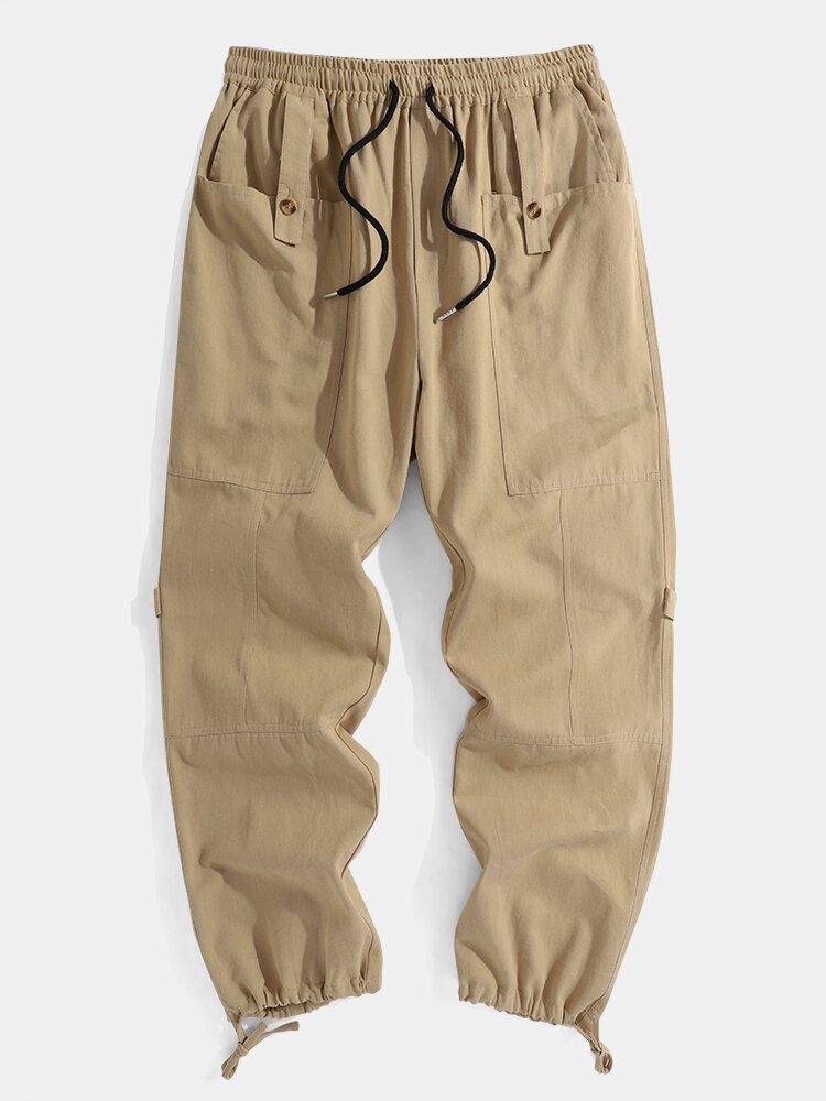 Pantalones Cargo Con Cordón De Múltiples Bolsillos De Color Sólido 100% Algodón Para Hombre