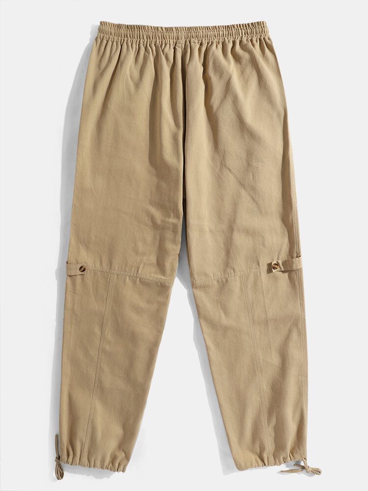 Pantalones Cargo Con Cordón De Múltiples Bolsillos De Color Sólido 100% Algodón Para Hombre