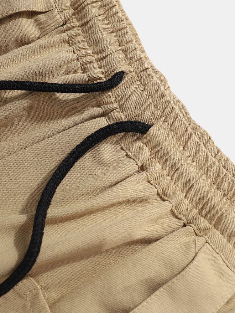 Pantalones Cargo Con Cordón De Múltiples Bolsillos De Color Sólido 100% Algodón Para Hombre