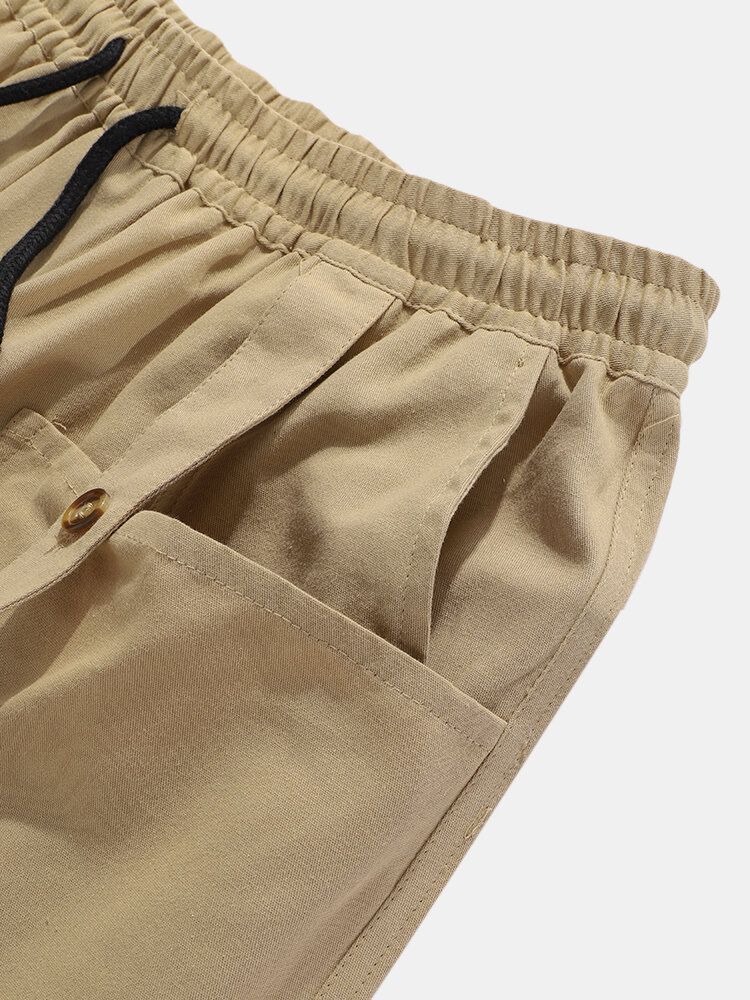 Pantalones Cargo Con Cordón De Múltiples Bolsillos De Color Sólido 100% Algodón Para Hombre