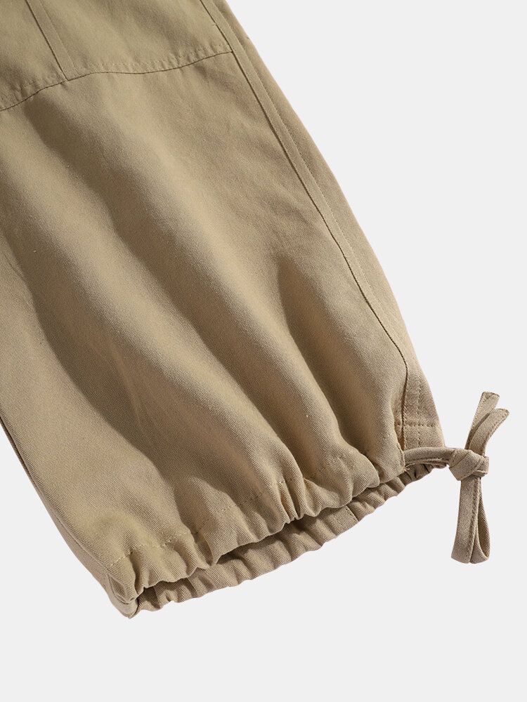 Pantalones Cargo Con Cordón De Múltiples Bolsillos De Color Sólido 100% Algodón Para Hombre