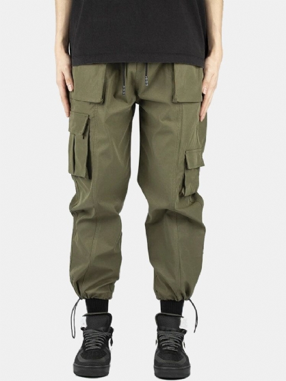 Pantalones Cargo Con Múltiples Bolsillos De Cintura Elástica Con Cordón De Color Sólido Para Hombre