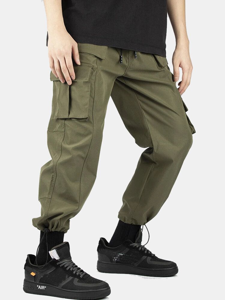 Pantalones Cargo Con Múltiples Bolsillos De Cintura Elástica Con Cordón De Color Sólido Para Hombre