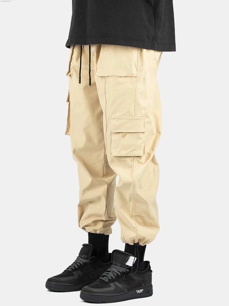 Pantalones Cargo Con Múltiples Bolsillos De Cintura Elástica Con Cordón De Color Sólido Para Hombre