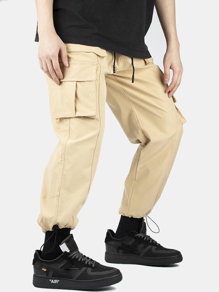 Pantalones Cargo Con Múltiples Bolsillos De Cintura Elástica Con Cordón De Color Sólido Para Hombre