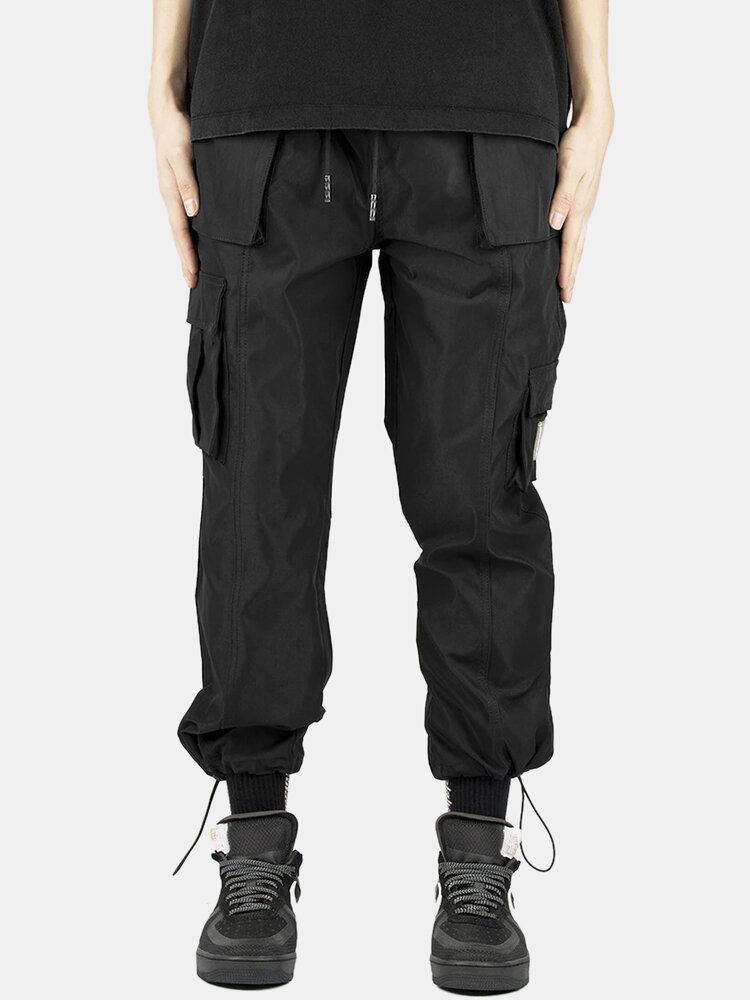 Pantalones Cargo Con Múltiples Bolsillos De Cintura Elástica Con Cordón De Color Sólido Para Hombre