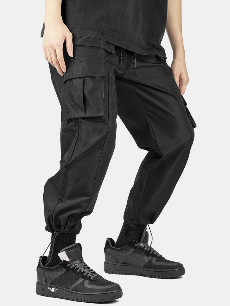 Pantalones Cargo Con Múltiples Bolsillos De Cintura Elástica Con Cordón De Color Sólido Para Hombre