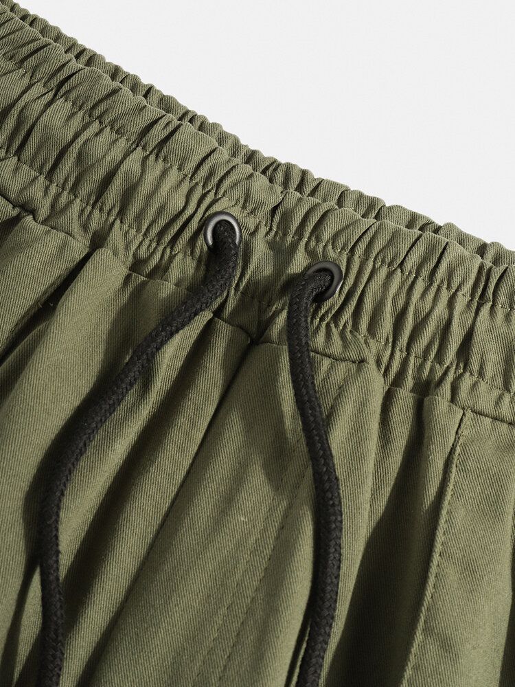 Pantalones Cargo Con Múltiples Bolsillos De Cintura Elástica Con Cordón De Color Sólido Para Hombre