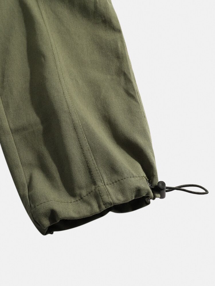 Pantalones Cargo Con Múltiples Bolsillos De Cintura Elástica Con Cordón De Color Sólido Para Hombre