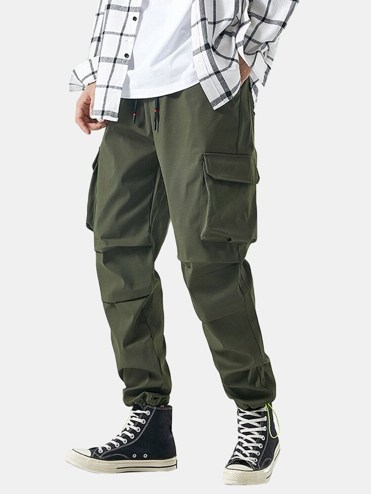 Pantalones Cargo Con Puños Con Cordón De Algodón Y Apliques Sólidos Para Hombre Con Múltiples Bolsillos