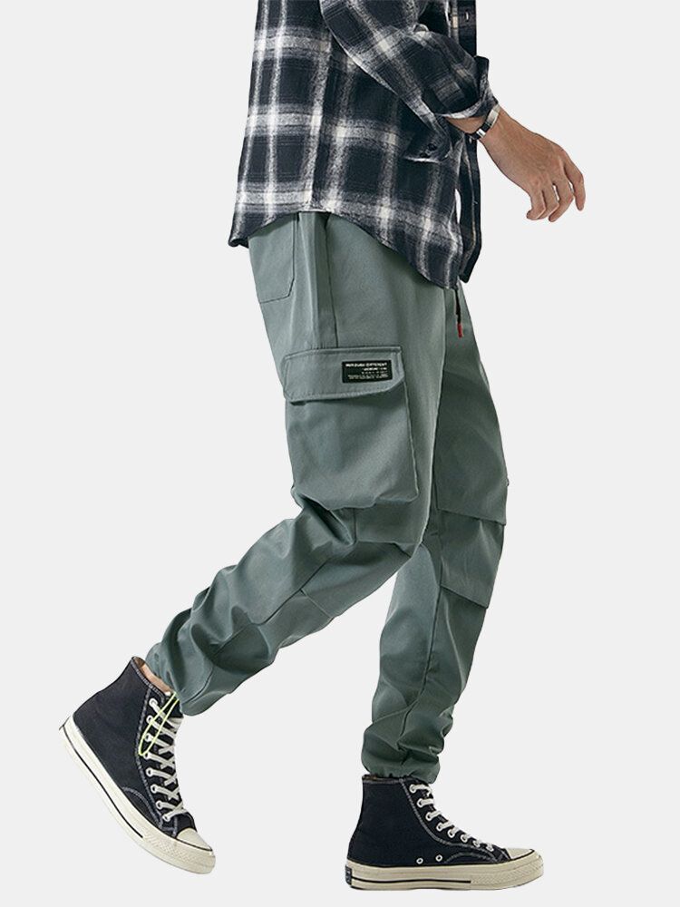 Pantalones Cargo Con Puños Con Cordón De Algodón Y Apliques Sólidos Para Hombre Con Múltiples Bolsillos