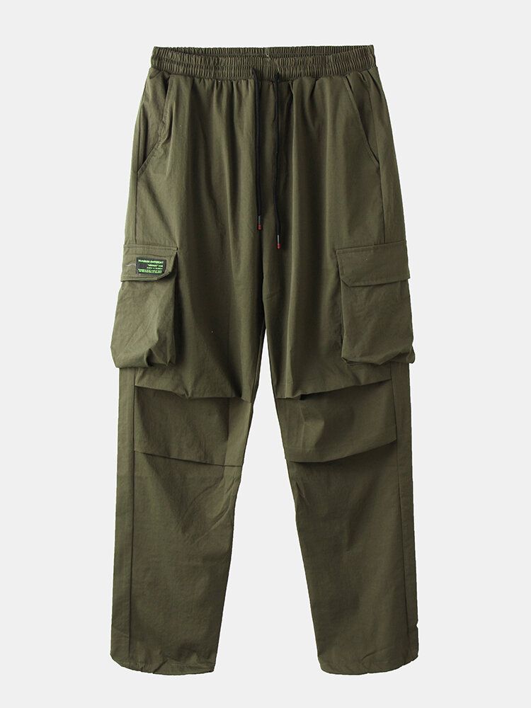 Pantalones Cargo Con Puños Con Cordón De Algodón Y Apliques Sólidos Para Hombre Con Múltiples Bolsillos