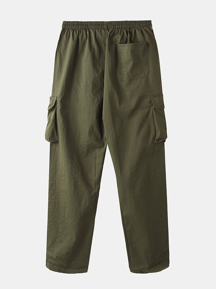 Pantalones Cargo Con Puños Con Cordón De Algodón Y Apliques Sólidos Para Hombre Con Múltiples Bolsillos