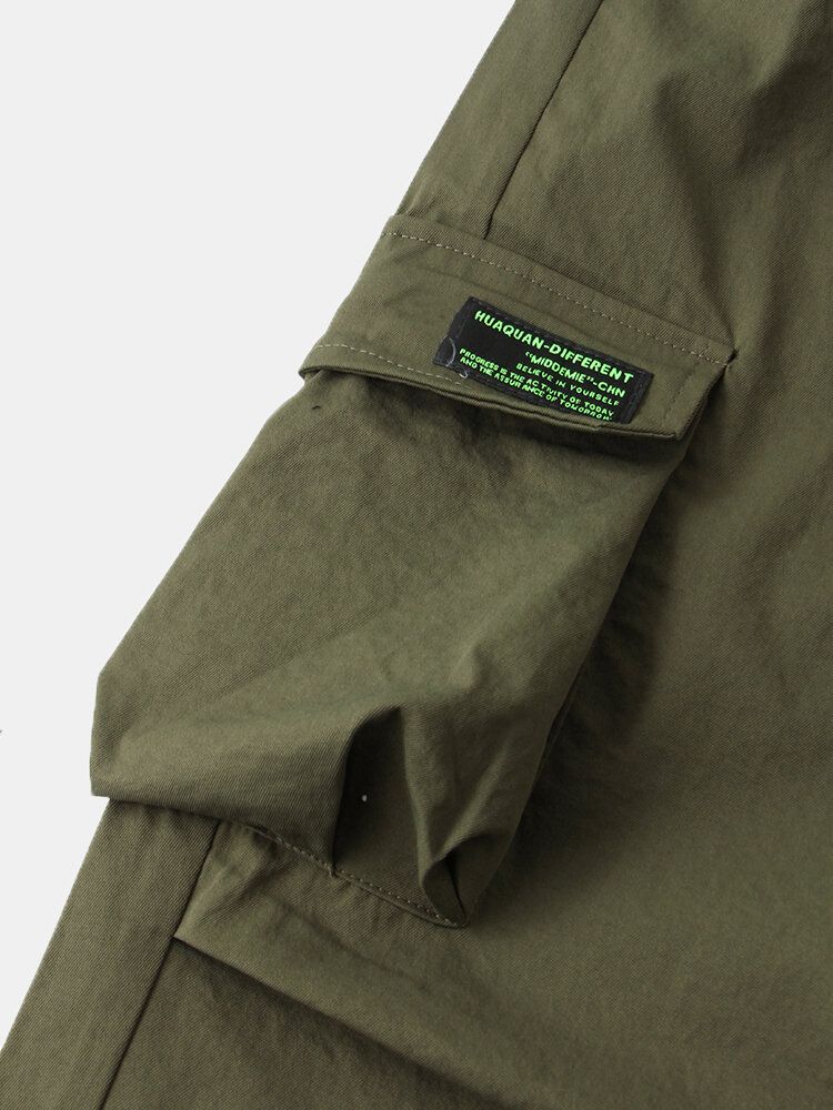 Pantalones Cargo Con Puños Con Cordón De Algodón Y Apliques Sólidos Para Hombre Con Múltiples Bolsillos