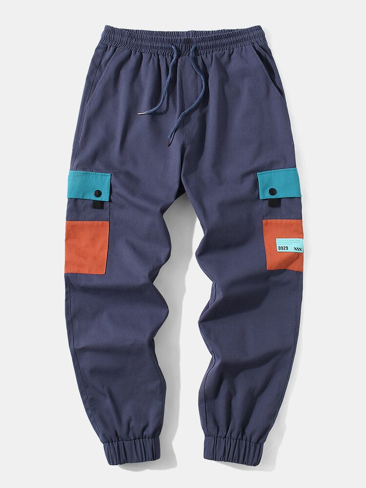 Pantalones Cargo Con Puños Y Cordón De Algodón 100% Para Hombre Con Bolsillo En Contraste