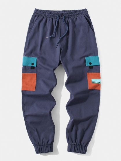 Pantalones Cargo Con Puños Y Cordón De Algodón 100% Para Hombre Con Bolsillo En Contraste