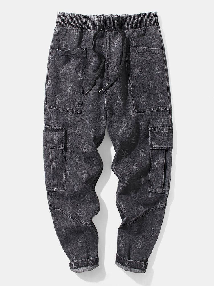 Pantalones Cargo De Mezclilla Con Cordón Y Estampado De Símbolo De Moneda Para Hombre