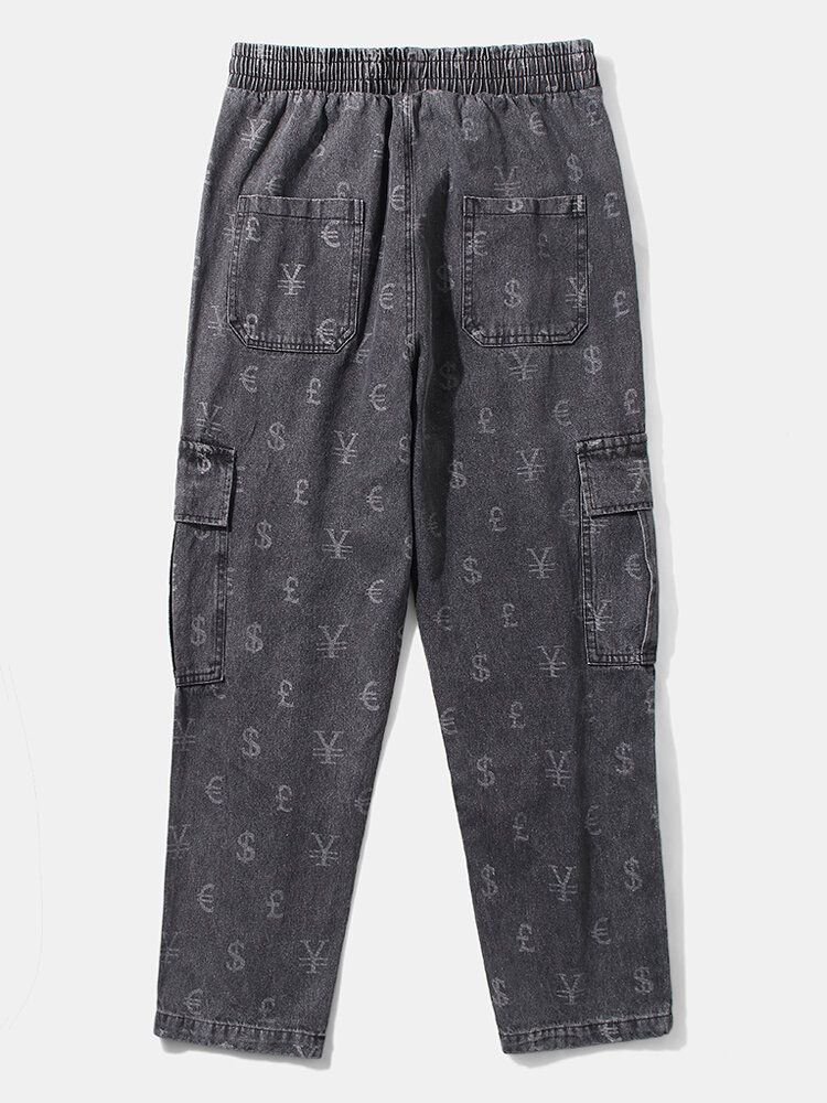 Pantalones Cargo De Mezclilla Con Cordón Y Estampado De Símbolo De Moneda Para Hombre