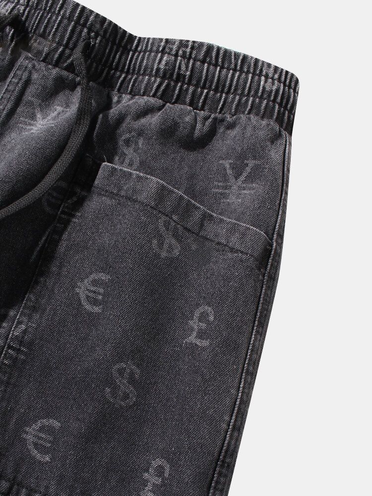 Pantalones Cargo De Mezclilla Con Cordón Y Estampado De Símbolo De Moneda Para Hombre