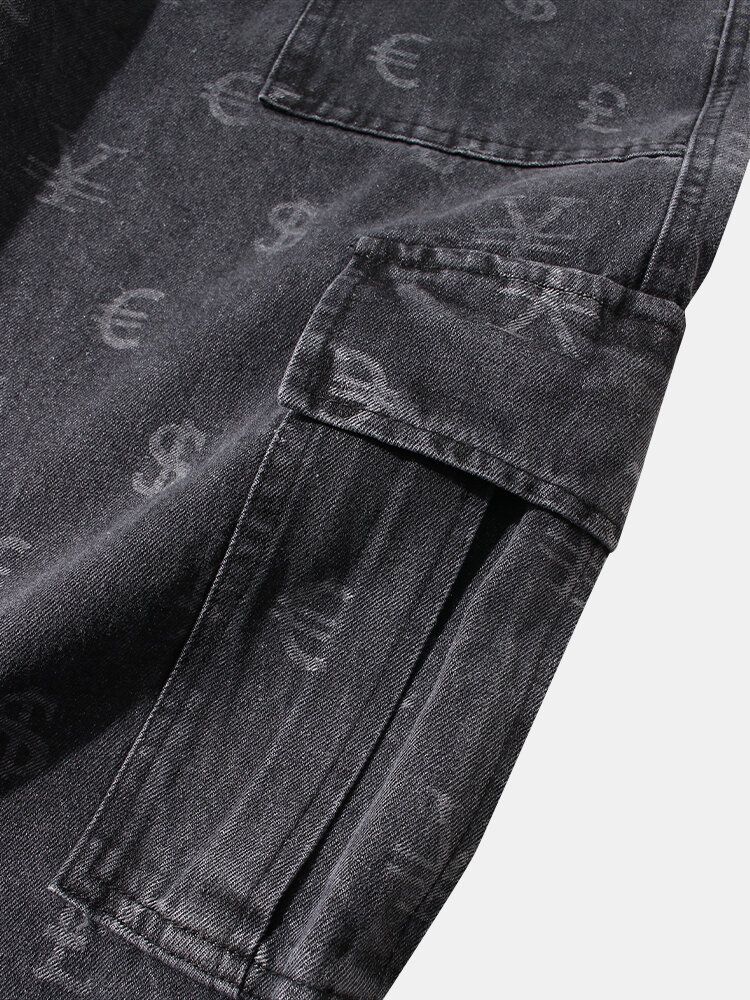 Pantalones Cargo De Mezclilla Con Cordón Y Estampado De Símbolo De Moneda Para Hombre