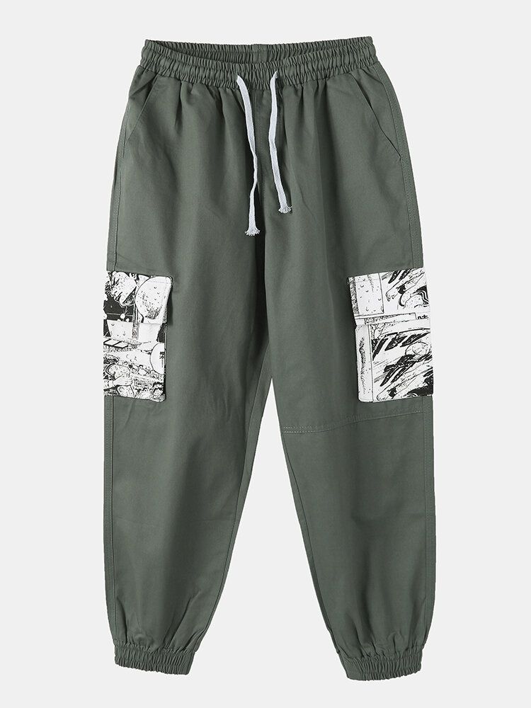 Pantalones Cargo Para Hombre De Dibujos Animados Con Estampado De Anime De Algodón Con Cordón Y Pies Con Bolsillo