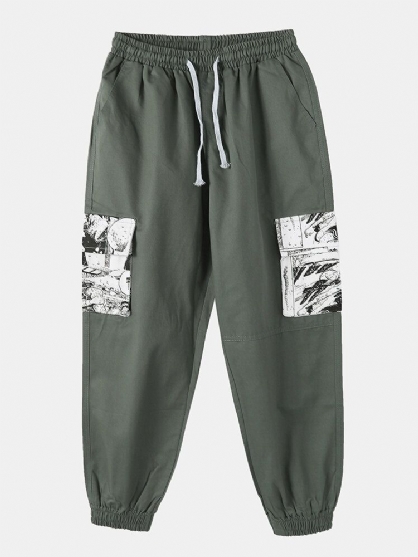 Pantalones Cargo Para Hombre De Dibujos Animados Con Estampado De Anime De Algodón Con Cordón Y Pies Con Bolsillo