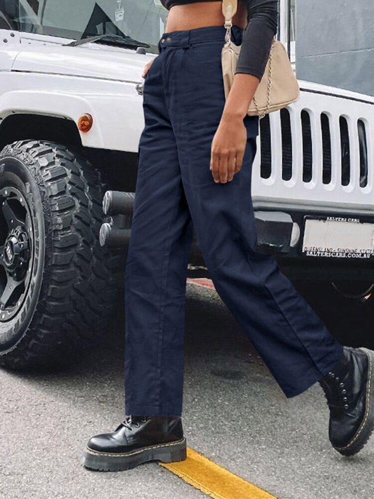 Pantalones Cargo Rectos Casuales De Cintura Media De Color Sólido Para Mujer Con Bolsillos