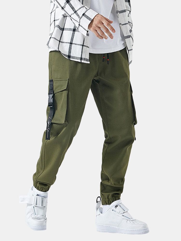 Pantalones Cargo De Tobillo Elásticos Con Cordón Sólido De Algodón Para Hombre Con Bolsillo Con Hebilla De Empuje