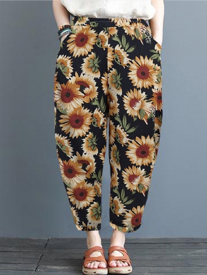 Pantalones Casuales De Algodón Con Estampado Floral De Girasol Y Margaritas Para Mujer Con Bolsillos Laterales