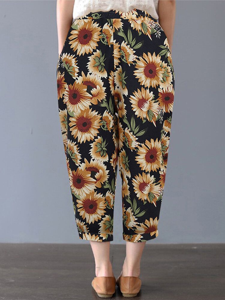 Pantalones Casuales De Algodón Con Estampado Floral De Girasol Y Margaritas Para Mujer Con Bolsillos Laterales