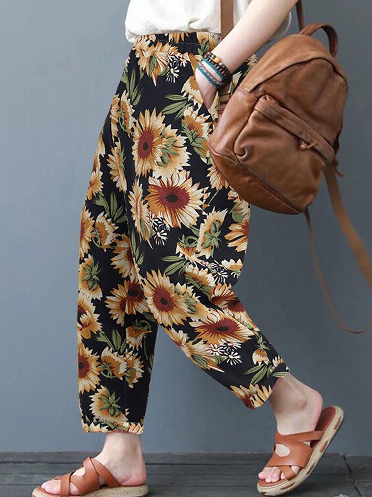 Pantalones Casuales De Algodón Con Estampado Floral De Girasol Y Margaritas Para Mujer Con Bolsillos Laterales