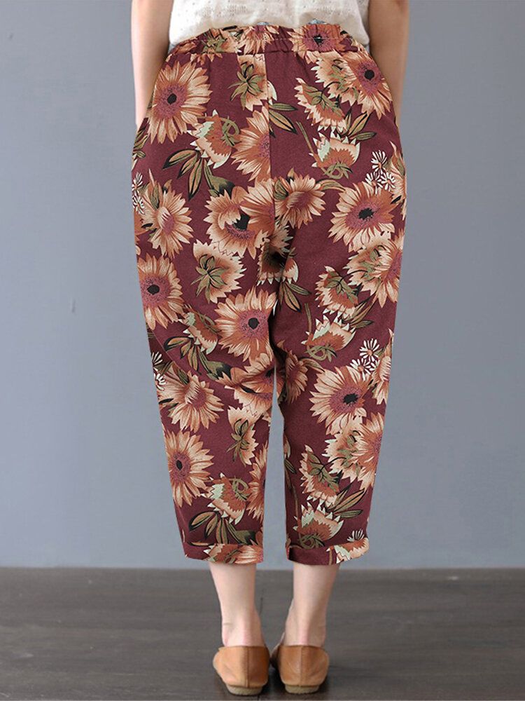 Pantalones Casuales De Algodón Con Estampado Floral De Girasol Y Margaritas Para Mujer Con Bolsillos Laterales