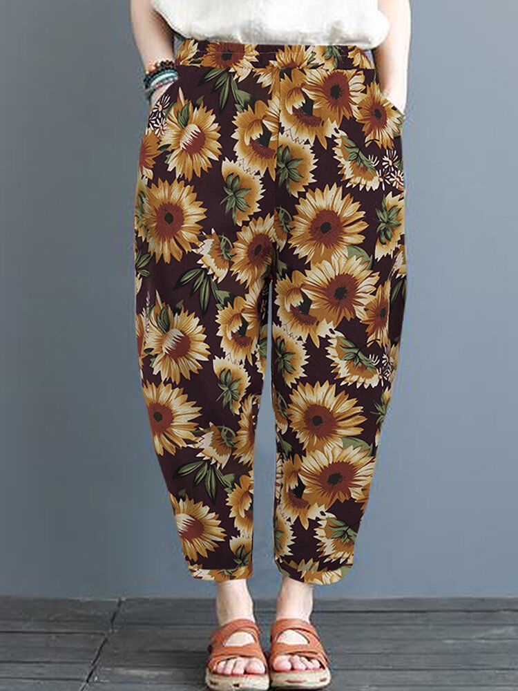 Pantalones Casuales De Algodón Con Estampado Floral De Girasol Y Margaritas Para Mujer Con Bolsillos Laterales