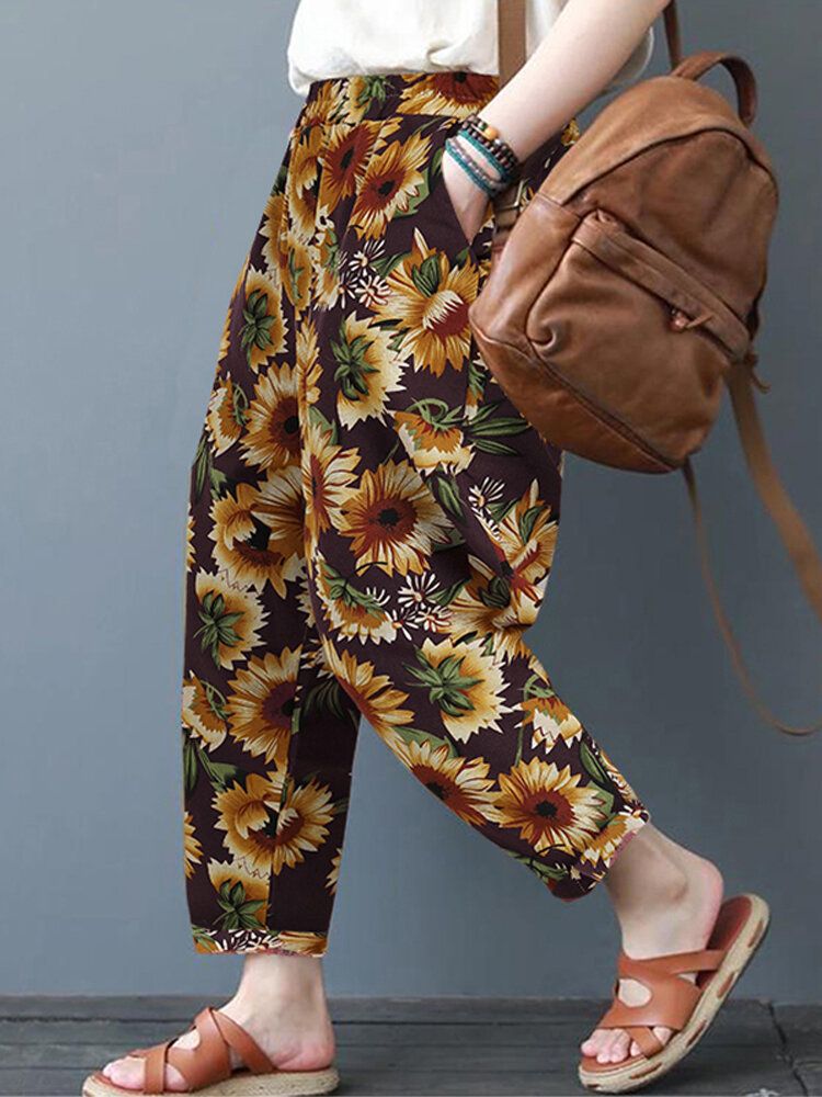 Pantalones Casuales De Algodón Con Estampado Floral De Girasol Y Margaritas Para Mujer Con Bolsillos Laterales