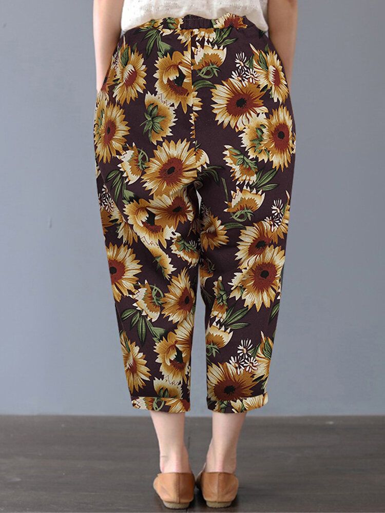 Pantalones Casuales De Algodón Con Estampado Floral De Girasol Y Margaritas Para Mujer Con Bolsillos Laterales