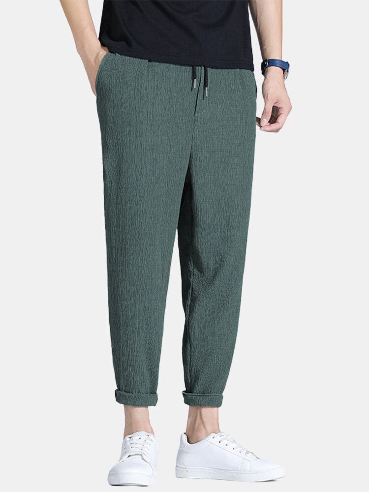 Pantalones Casuales De Algodón Con Textura De Bolsillo Con Cordón Sólido Para Hombre