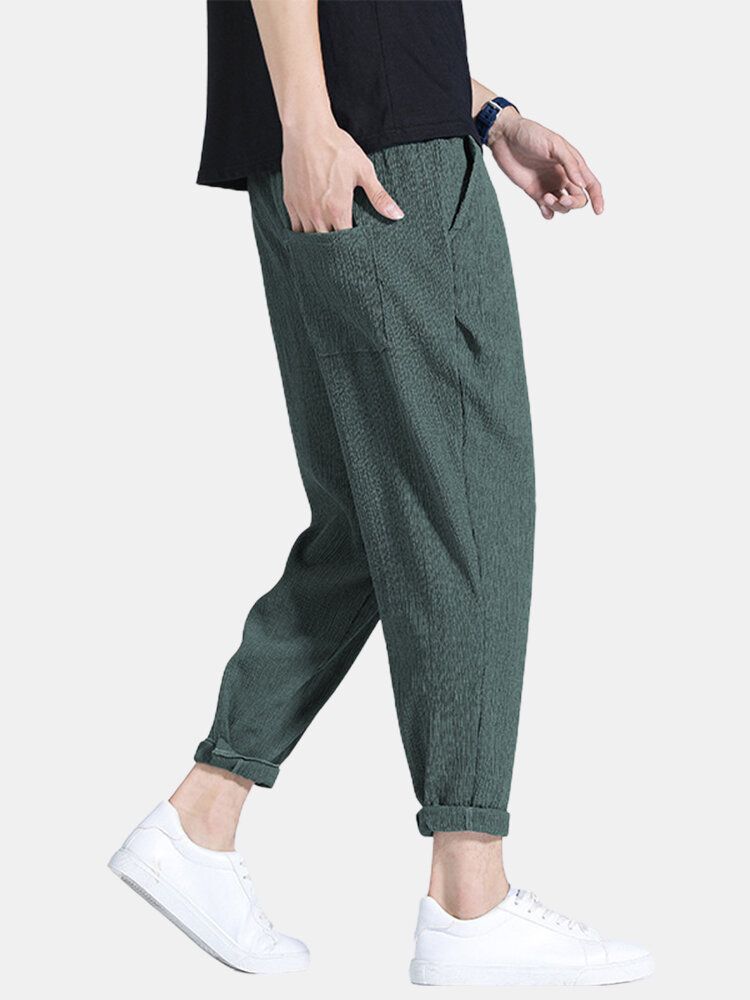 Pantalones Casuales De Algodón Con Textura De Bolsillo Con Cordón Sólido Para Hombre