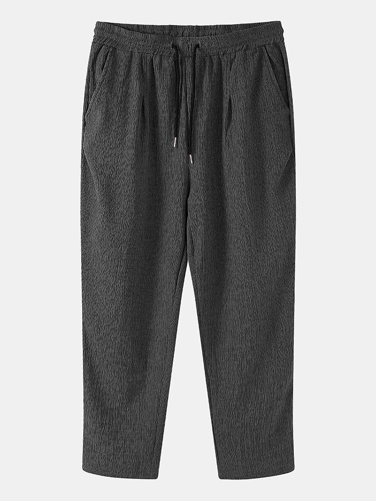 Pantalones Casuales De Algodón Con Textura De Bolsillo Con Cordón Sólido Para Hombre